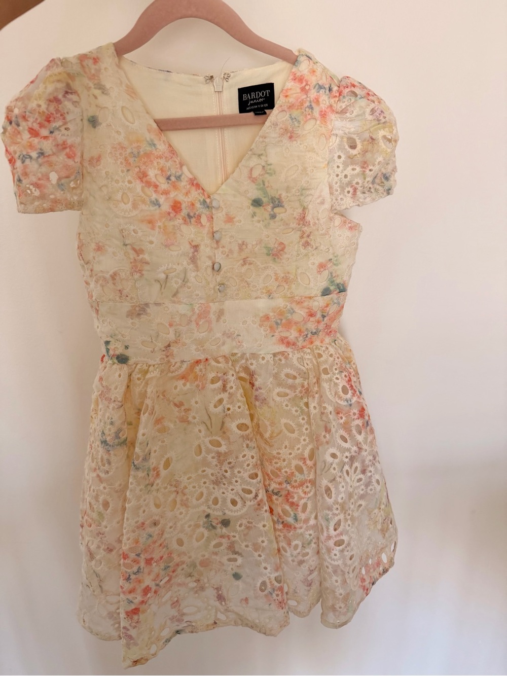Bardot Junior Girls Light Yellow Floral Eyelet Mini Dress (Size 8)